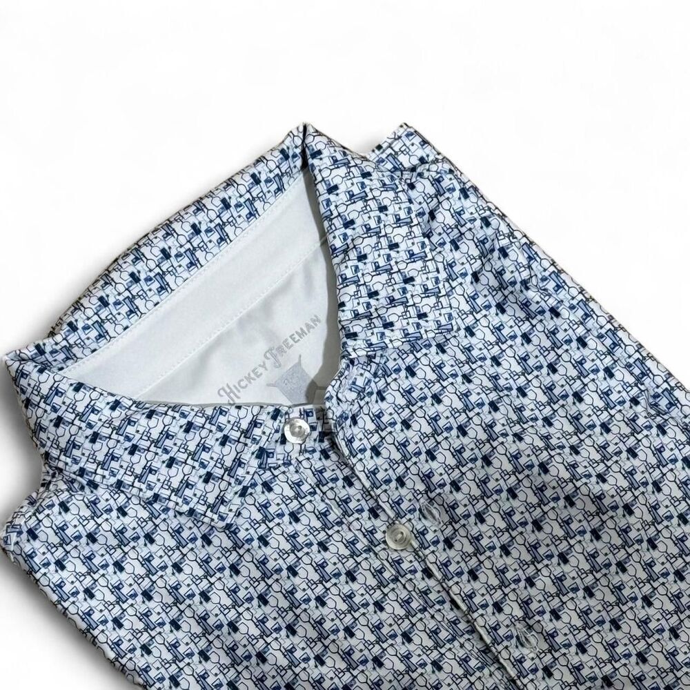 Hickey Freeman Blue White Martini Print Golf Polo Shirt Cocktail Pattern Medium